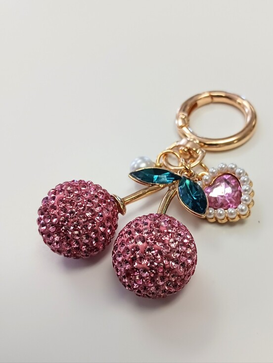 Fashion Jewelry Accessories - Pink Cherry Keychain with Heart Charm